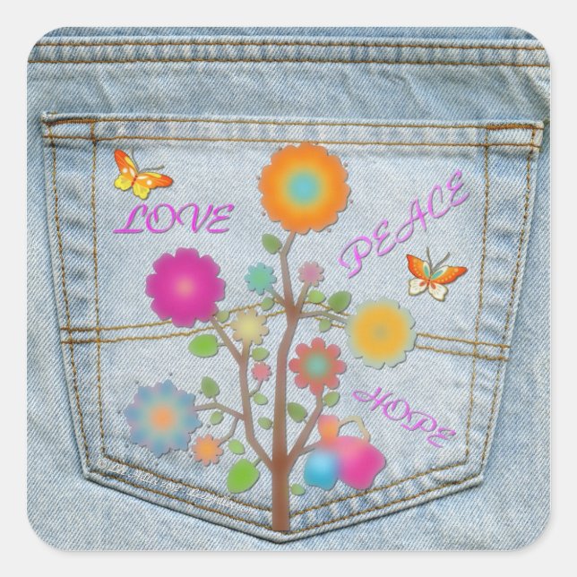 Adesivo Quadrado Denim Back Pocket Flowers Peace Love Hope Stickers (Frente)