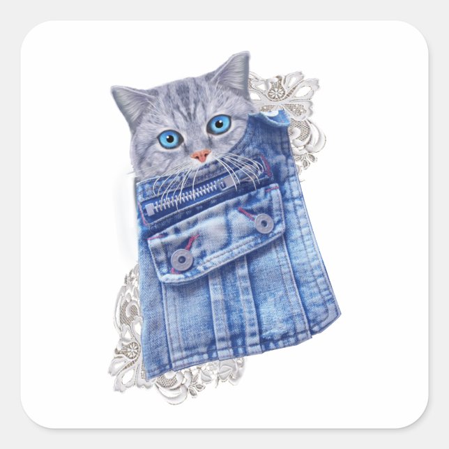 Adesivo Quadrado Denim Jean bolsos, Kittens e Lace (Frente)