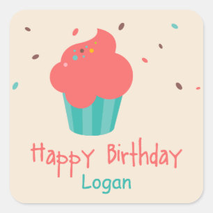 Adesivo Quadrado Desejos bonitos do aniversário do cupcake