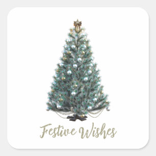 Adesivo Quadrado Desejos Festivos. Desenho de árvore de Natal