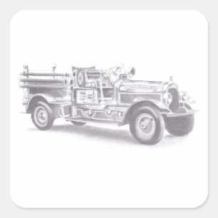 Adesivo Quadrado desenho a lápis de caminhão de bombeiros vintage