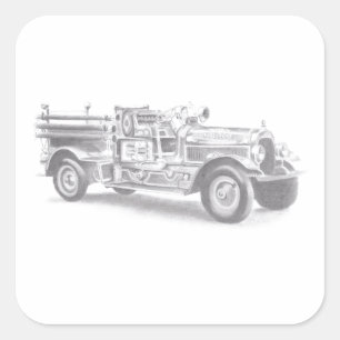 Adesivo Quadrado desenho a lápis de caminhão de bombeiros vintage