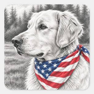 Adesivo Quadrado Desenho a lápis de Golden Retriever com Bandana de