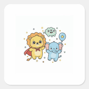 Adesivo Quadrado Desenho animado de amigos leão e elefante super-he
