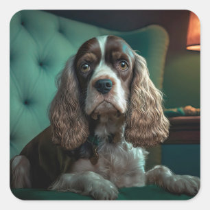 Adesivo Quadrado Desenho Clássico de Retrato de Cocker Spaniel Eleg
