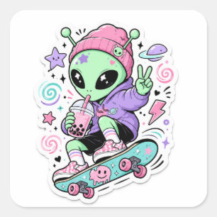 Adesivo Quadrado Desenho de alienígena skatista fofo