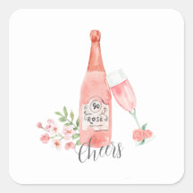 Desenho de aquarela floral e vinho rosé.