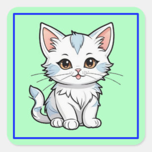 Adesivo Quadrado Desenho de Linha de Desenho Animado de Gato Estili