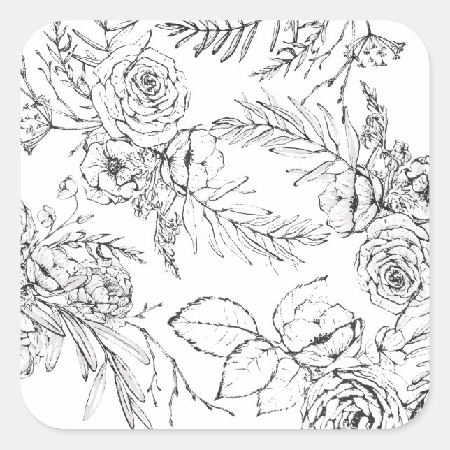 Adesivo Quadrado Desenho de Linha de Flores Silvestres Românticas M (Frente)
