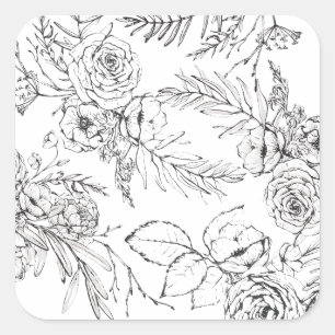 Adesivo Quadrado Desenho de Linha de Flores Silvestres Românticas M