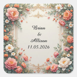 Adesivo Quadrado Desenho de Moldura Floral Elegante para Casamento