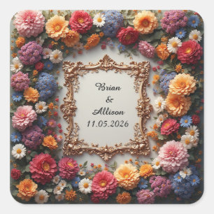 Adesivo Quadrado Desenho de Moldura Floral Elegante para Casamento