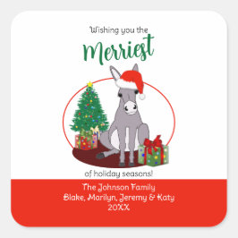 Adesivo Quadrado Desenho de Natal de Burro com Chapéu de Papai Noel