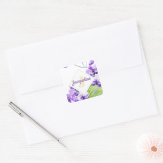 Adesivo Quadrado desenho de orquídea em aquarela colorida com monog