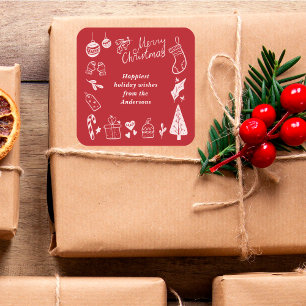 Adesivo Quadrado Desenhos à Mão Natal Vermelho Fofo Festivo