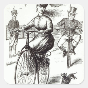 Adesivo Quadrado Desenhos animados de uma senhora em um Velocipede,