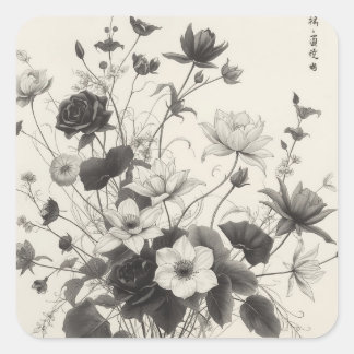 Adesivo Quadrado desenhos florais em preto e branco,