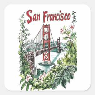 Adesivo Quadrado Design de Aquarela da ponte de Ouro San Francisco