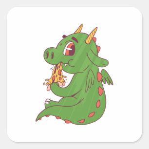 Adesivo Quadrado Design de Bebê Dragão Comendo Fatia de Pizza Delic