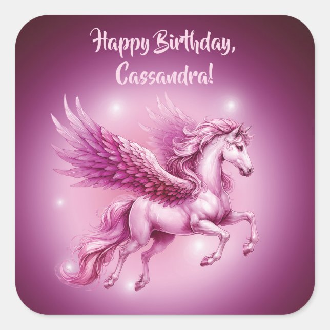 Adesivo Quadrado Design de Birthday Pink Pegasus Fantasy (Frente)