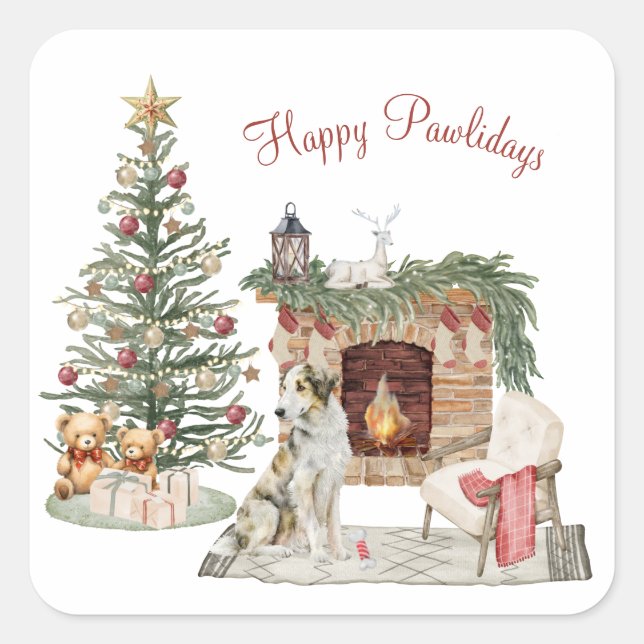 Adesivo Quadrado Design de Cachorro Feliz Pawlidays - Borzoi (Frente)