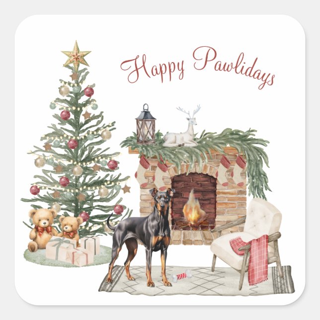 Adesivo Quadrado Design de Cachorro Feliz Pawlidays - Doberman Pins (Frente)