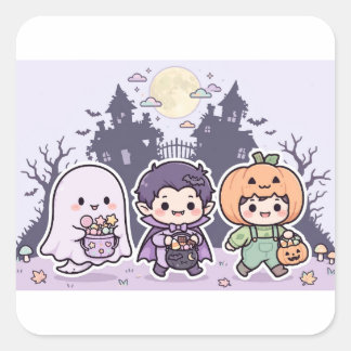 Adesivo Quadrado Design de Chibi Dia das Bruxas para Crianças