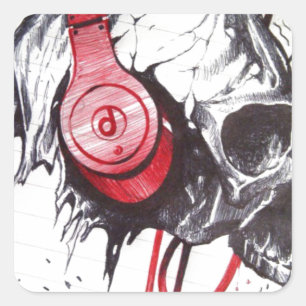 Adesivo Quadrado Design de Crânio com Fones de Ouvido