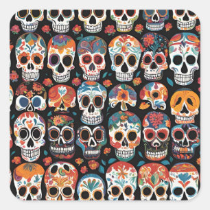 Adesivo Quadrado Design de Crânio de Arte Popular Mexicana Vibrante