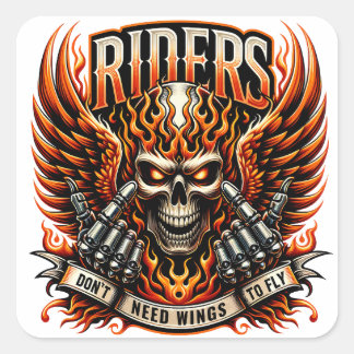 Adesivo Quadrado Design de crânio Negrito com Asas e Mãos Fiáveis