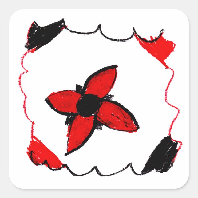 Adesivo Quadrado Design de Flor Vermelho e Preto - Arte por Criança (Frente)