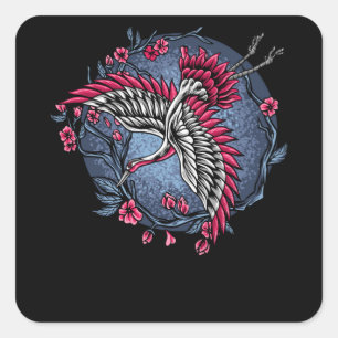 Adesivo Quadrado Design de gruas voadoras japonesas unidas e colori