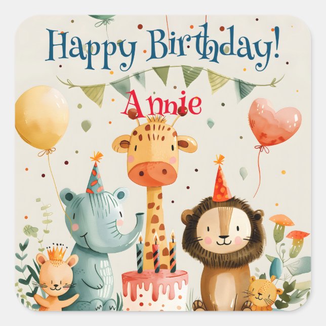 Adesivo Quadrado Design de lindas crianças de animais com elementos (Frente)