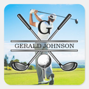 Adesivo Quadrado Design de Monograma de Golfe de Imagem Personaliza