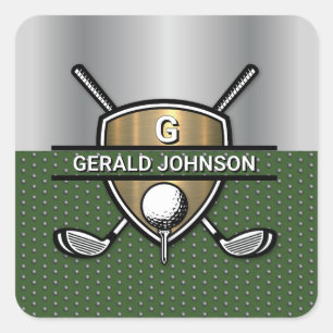 Adesivo Quadrado Design de Monograma de Golfe Escudo Dourado Elegan