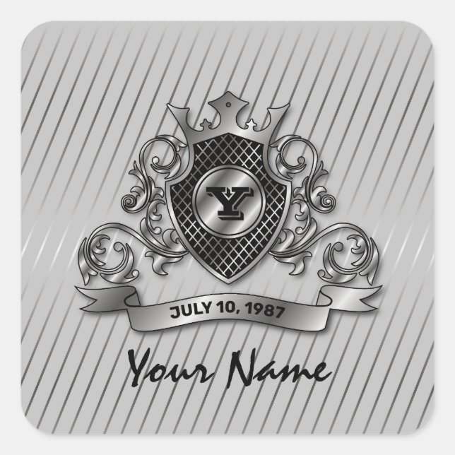 Adesivo Quadrado Design de Monograma Elegante Personalizado Prata (Frente)