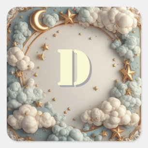 Adesivo Quadrado ✨ Design de Nome de Berçário Lua e Nuvens ✨