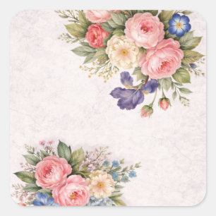 Adesivo Quadrado Design de Rosa Floral Personalizada Rústica Vintag