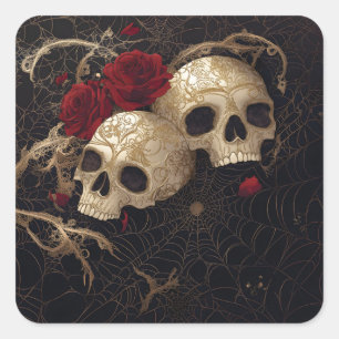 Adesivo Quadrado Design de Skulls e rosa vermelha