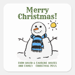 Adesivo Quadrado Design de Snowman de Natal com Saudação Pessoal