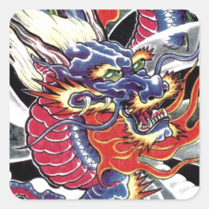 Adesivo Quadrado Design de tatuagem japonesa do Dragão Azul