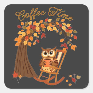 Adesivo Quadrado Design de Whimsical Coffee Time Owl Fall Themed
