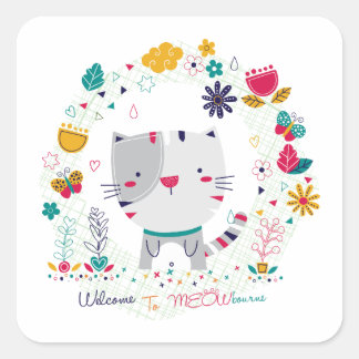 Adesivo Quadrado Design Floral de Gato Fofo