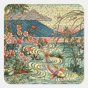 Adesivo Quadrado Design japonês do vitral dos peixes