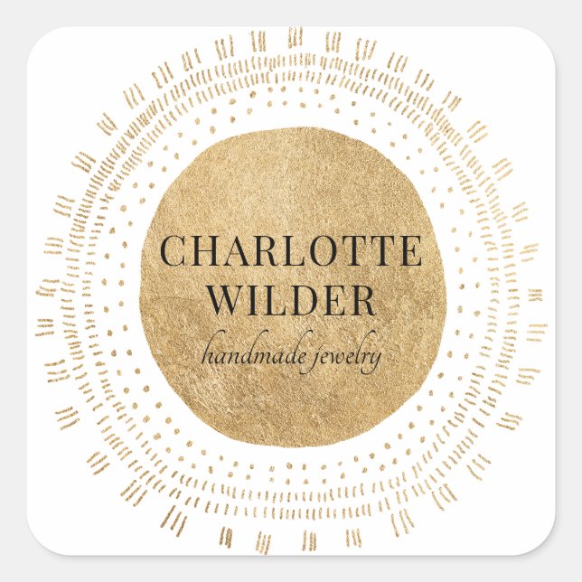 Adesivo Quadrado Designer de Joias do Círculo Dourado abstrato (Frente)