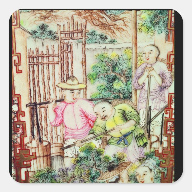 Adesivo Quadrado Detalhe de um vaso com homens regando plantas de c (Frente)