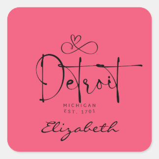 Adesivo Quadrado Detroit Michigan Est 1701 "Your Name" Rosa