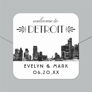 Adesivo Quadrado Detroit Skyline Black Art Deco Casamento Bem-Vindo