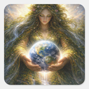 Adesivo Quadrado Deusa Gaia Segurando Gentilmente o Planeta Terra