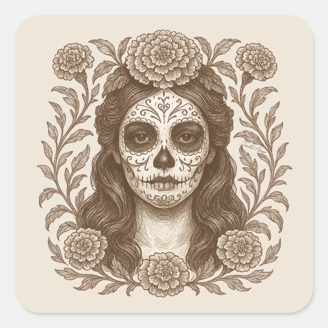 Adesivo Quadrado Dia da Morte da Catrina Aztec Marigold Drawing (Frente)
